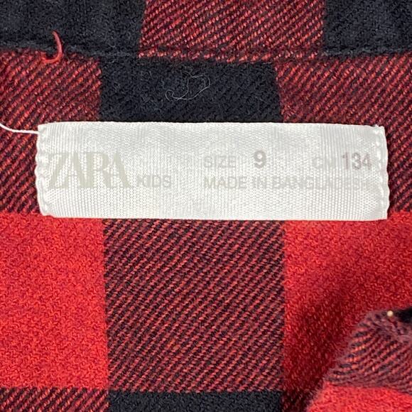 Zara Kids Shirt Dress Girls Size 9 Red Black Buffalo Plaid Button Down Cotton - Picture 3 of 4
